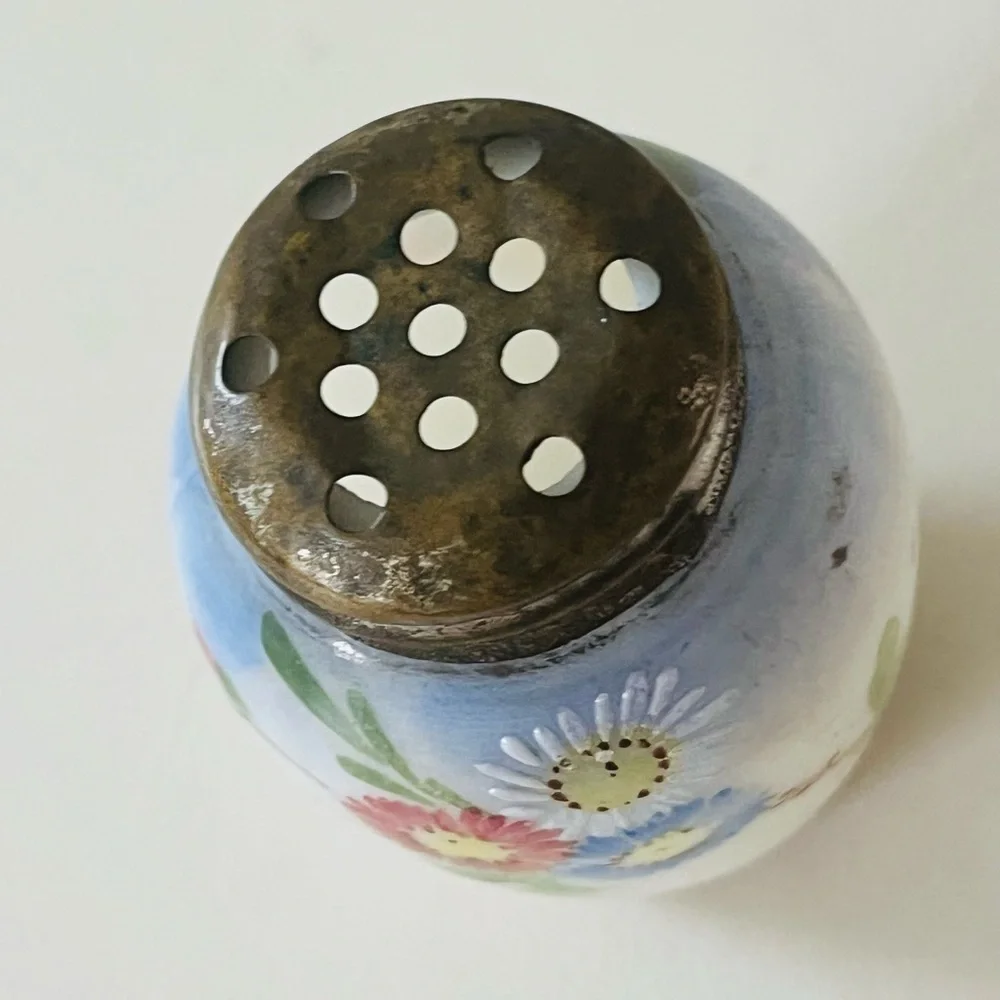 Hand-Painted Milk Glass Floral Salt Shaker with Metal Lid